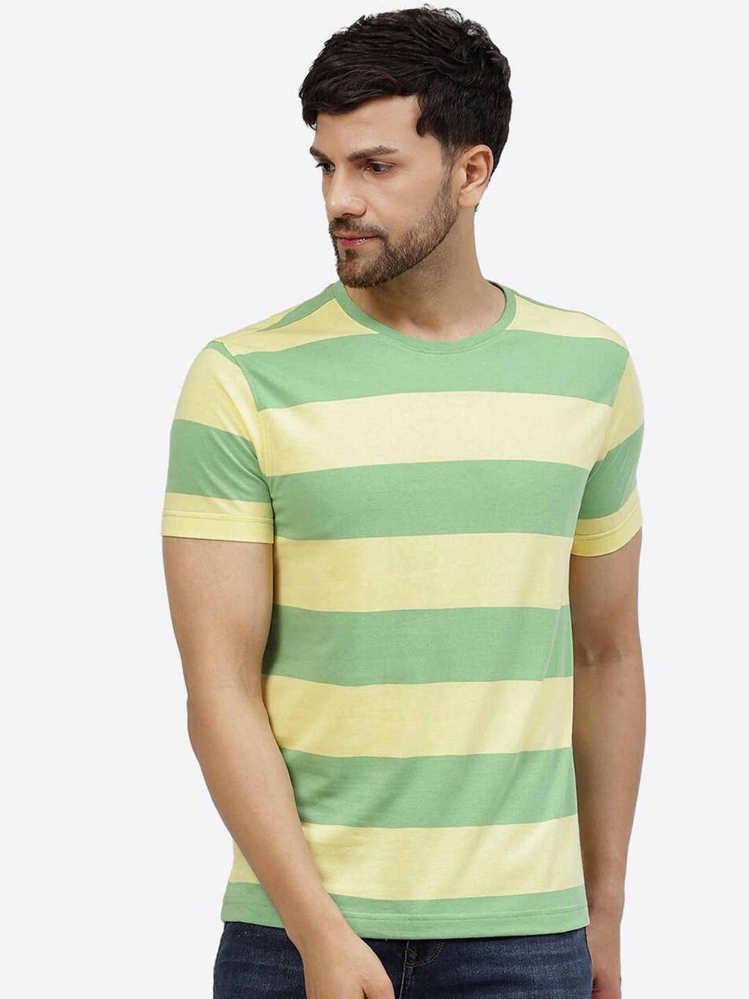 

2Bme Striped Round Neck Short Sleeve Pure Cotton Regular T-shirt, Olive