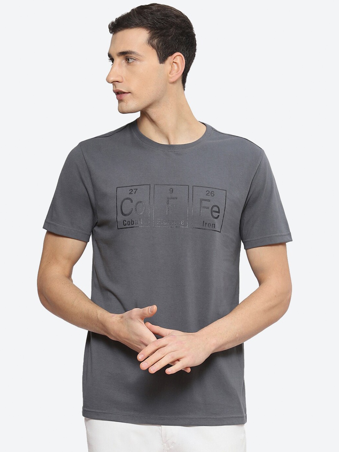 

2Bme Typography Printed Round Neck Short Sleeve Pure Cotton Regular T-shirt, Grey