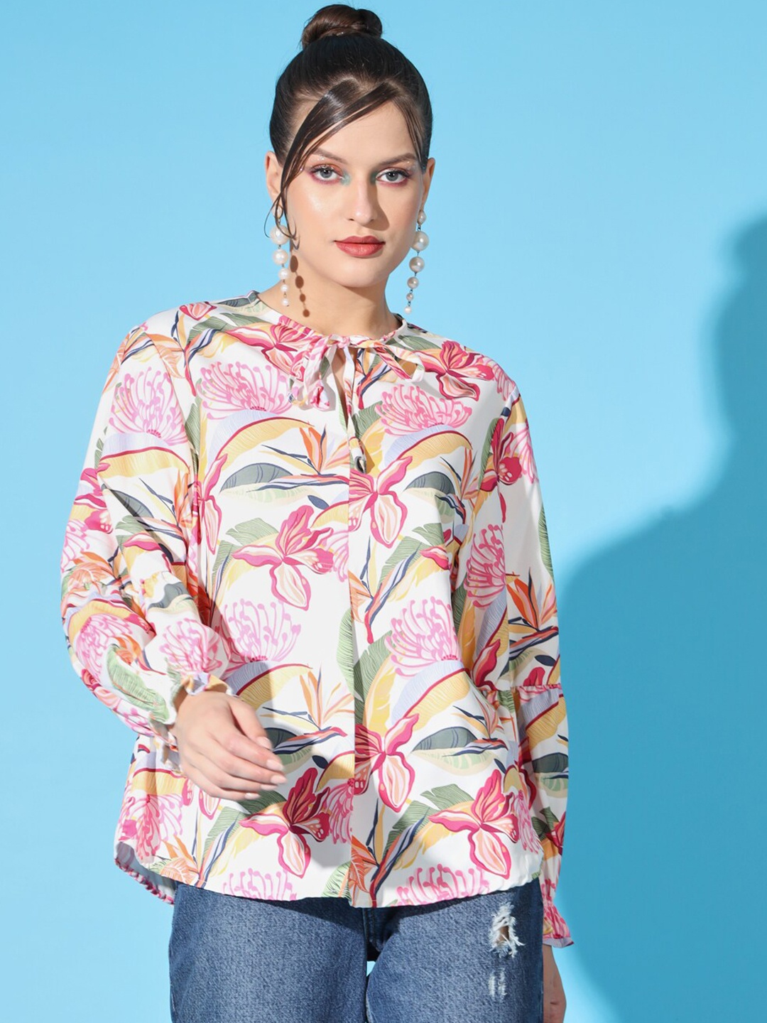 

angloindu Floral Printed Tie-Up Neck Puff Sleeves Tie-Ups Detail A-Line Top, White