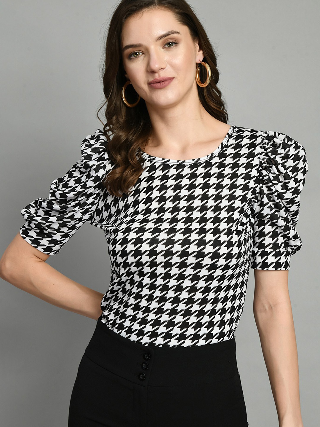 

Moshe Geometric Print Puff Sleeve Top, Black