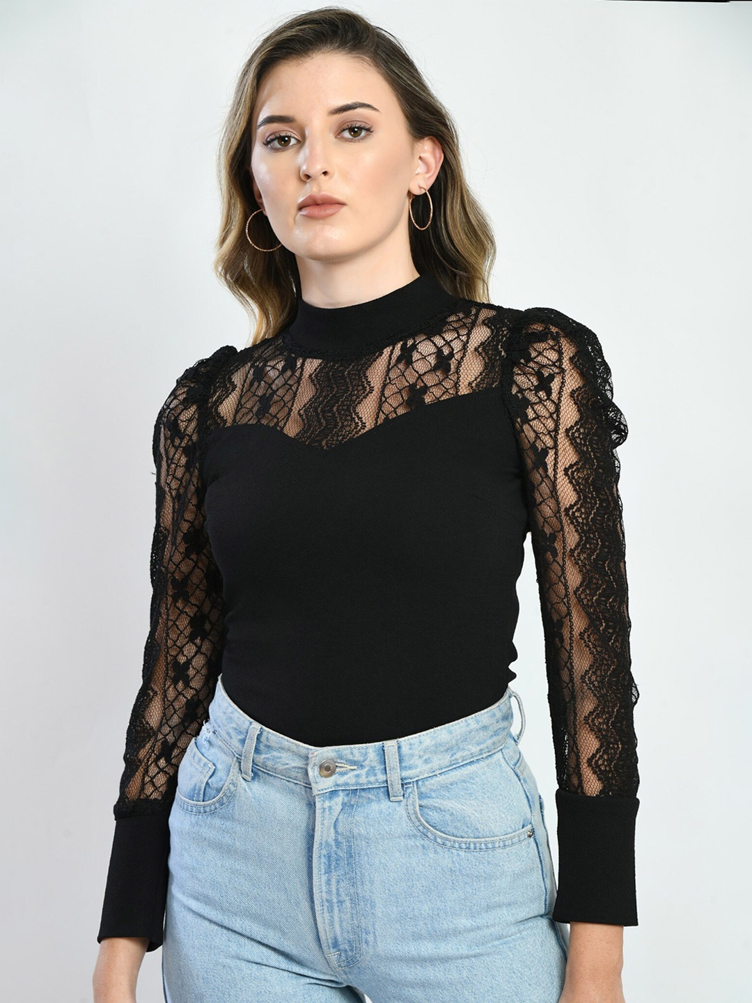 

Moshe High Neck Puff Sleeves Top, Black