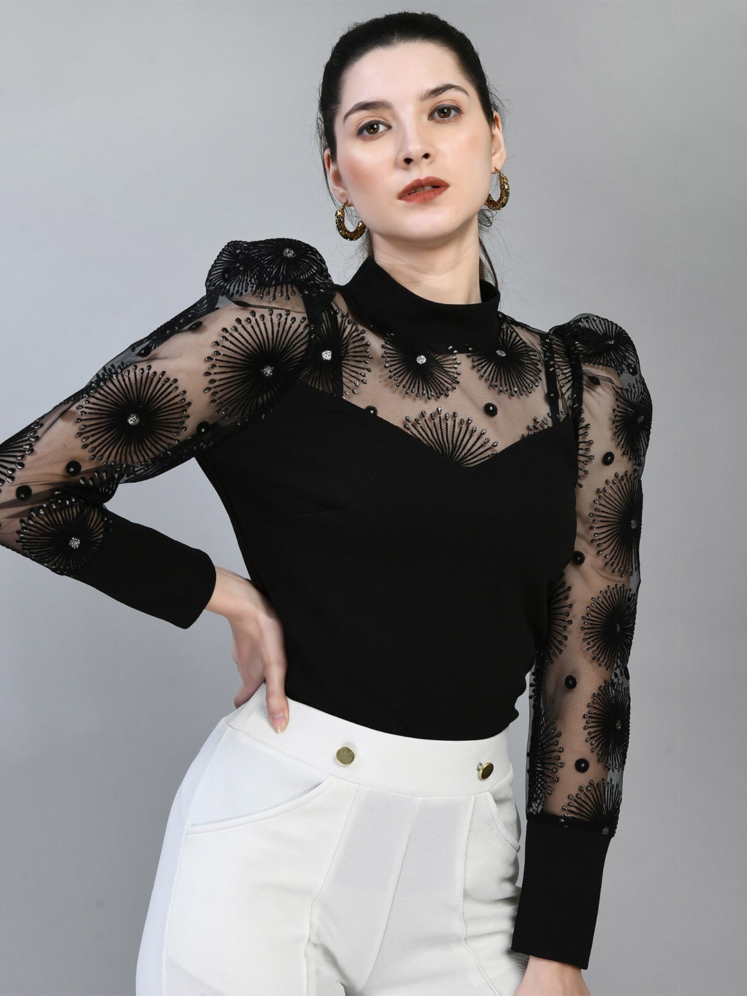 

Moshe High Neck Self design Top, Black