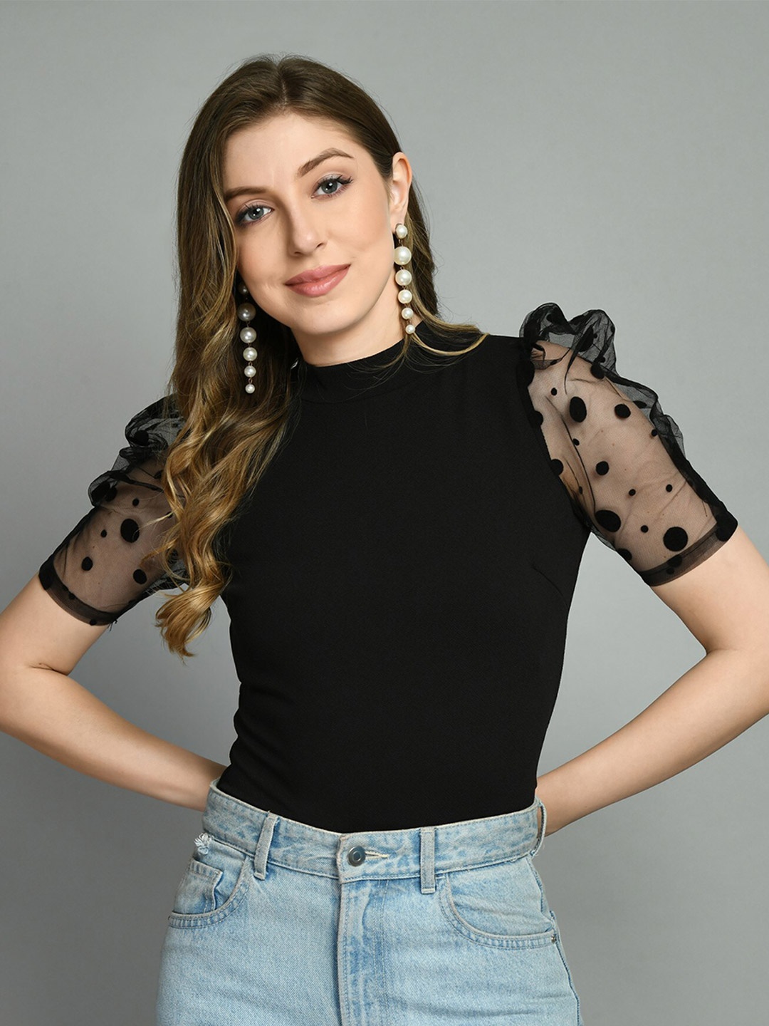 

Moshe High Neck Puff Sleeves Top, Black