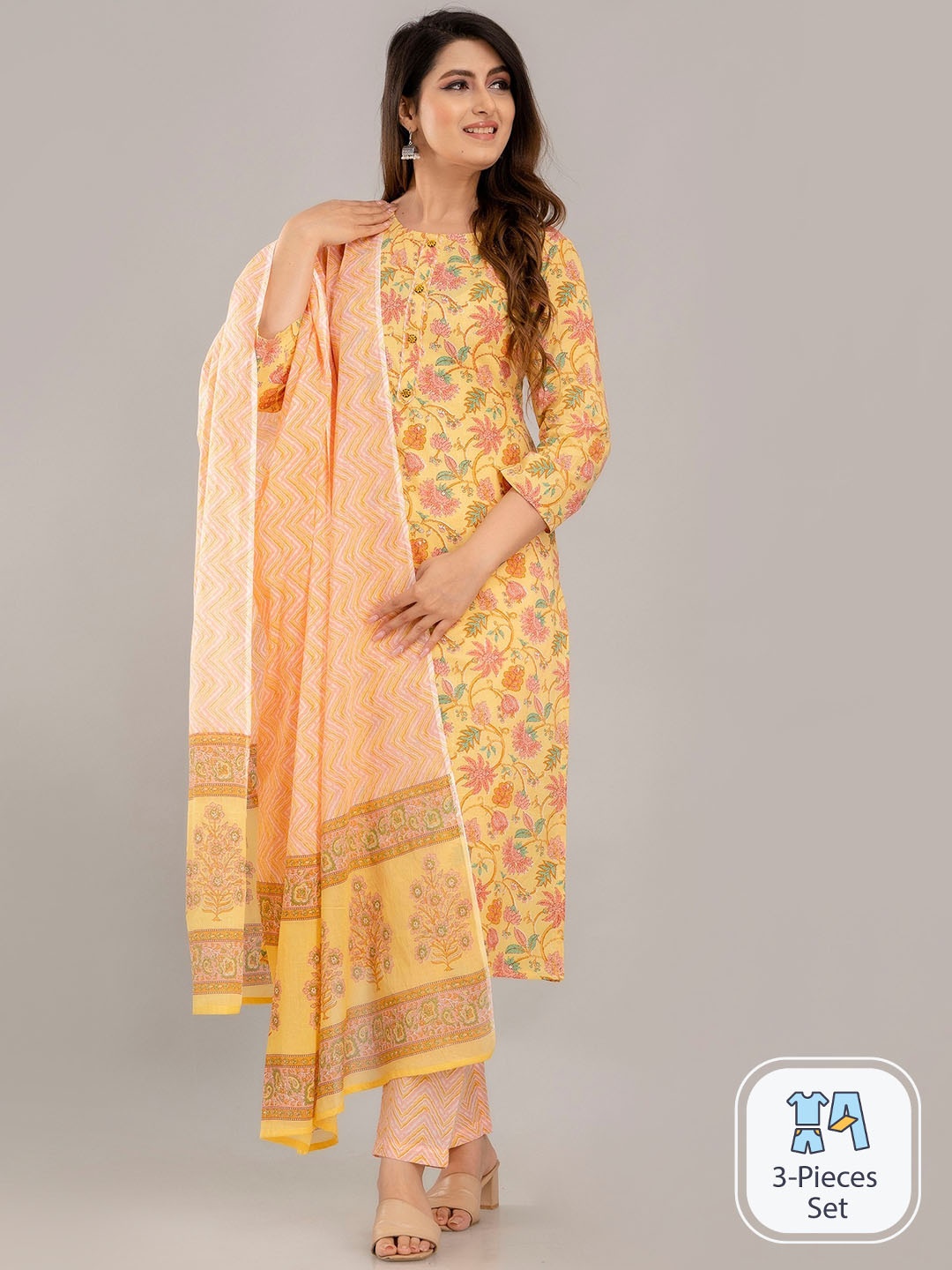 

SKY SHOPPIE Floral Printed Pure Cotton Kurta & Trousers With Dupatta, Yellow
