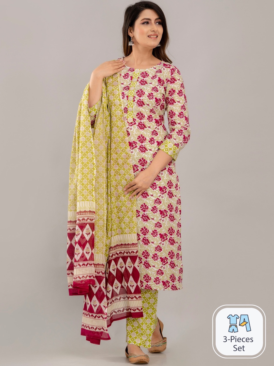 

SKY SHOPPIE Floral Printed Pure Cotton Kurta & Trousers With Dupatta, Fluorescent green