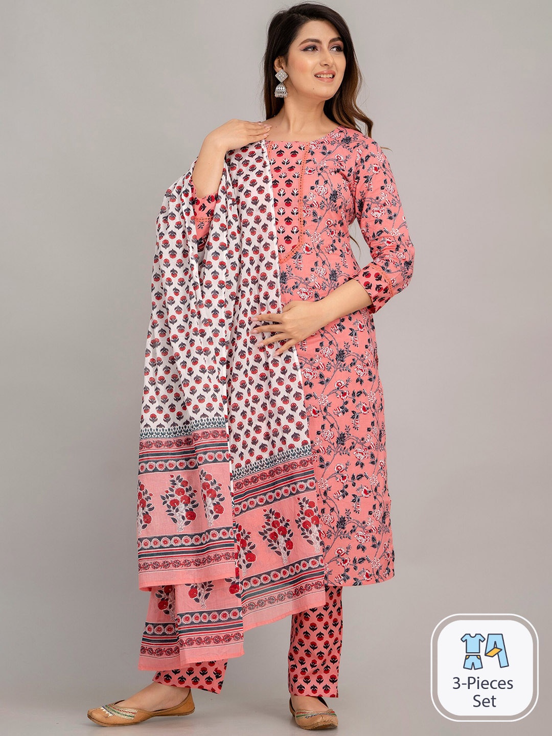 

SKY SHOPPIE Floral Printed Pure Cotton Straight Kurta & Trousers & With Dupatta, Pink