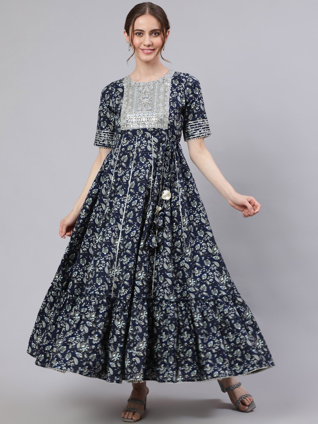 

AKS Couture Floral Printed Cotton Fit & Flare Maxi Ethnic Dress, Navy blue
