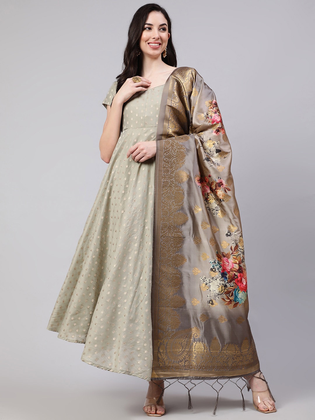 

AKS Couture Self Design Maxi A-Line Ethnic Dress With Dupatta, Grey
