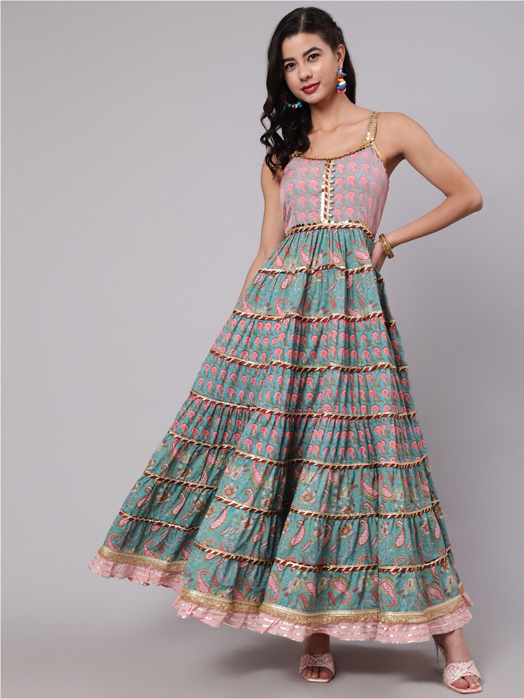 

AKS Couture Ethnic Motifs Printed Fit & Flare Maxi Tiered Cotton Ethnic Dress, Blue