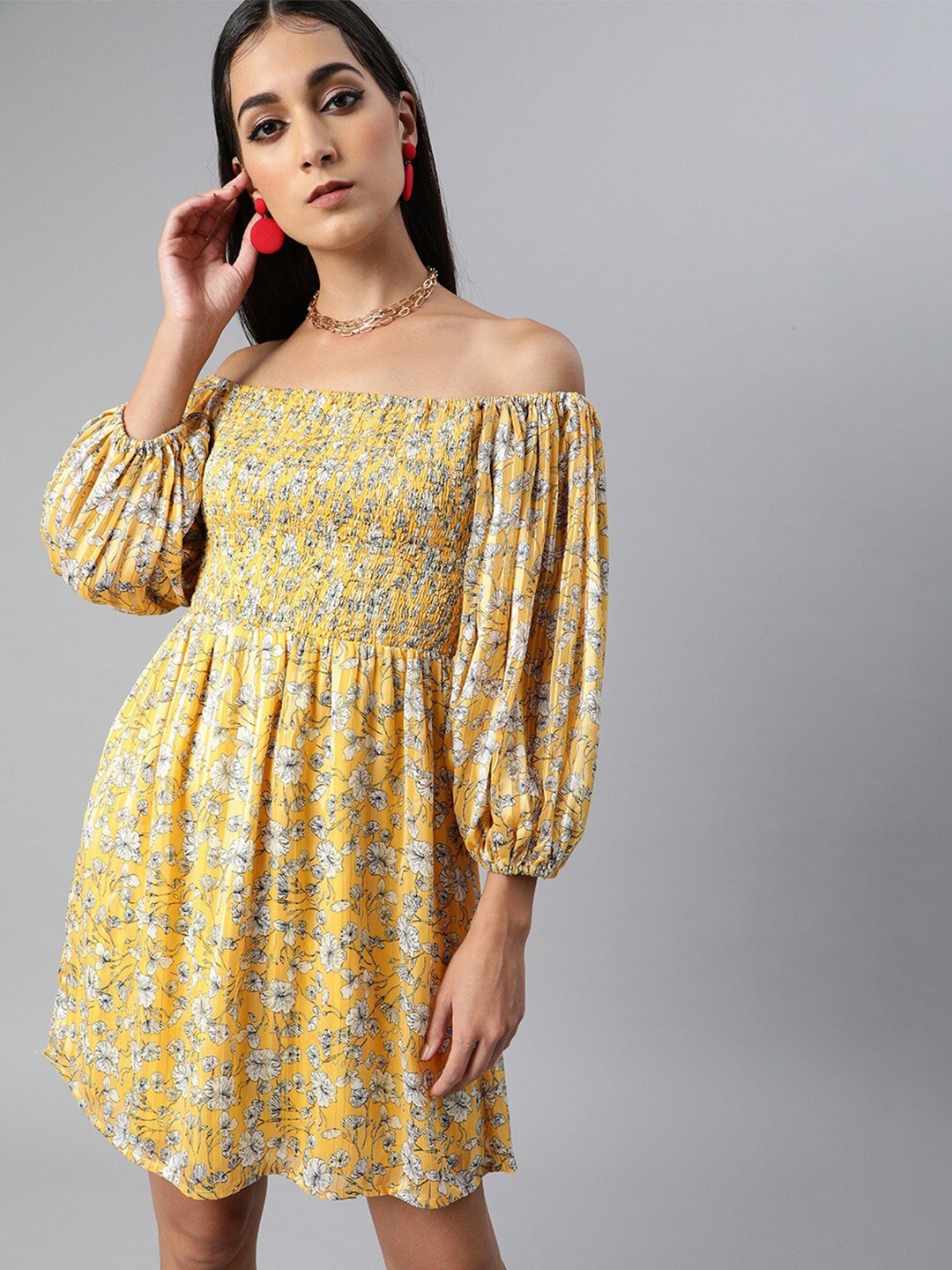 

Sera Yellow Floral Printed Off-Shoulder Puff Sleeve Smocked Fit & Flare Dress
