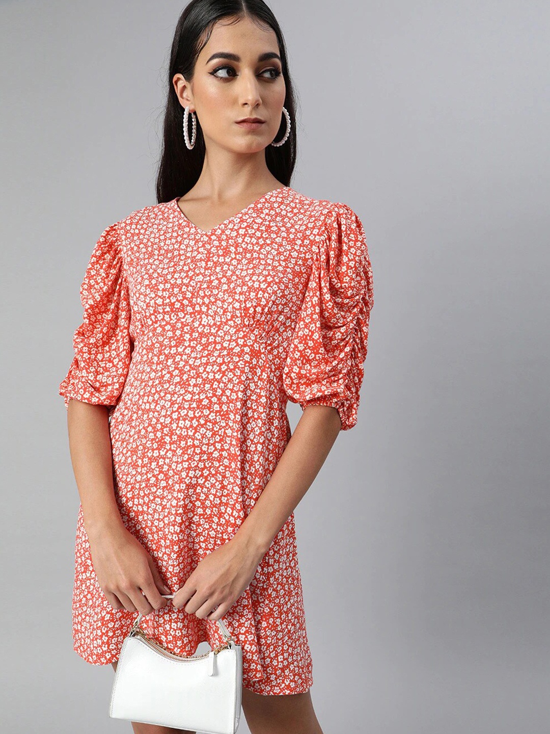 

Sera Floral Printed V-Neck Puff Sleeve A-Line Dress, Orange
