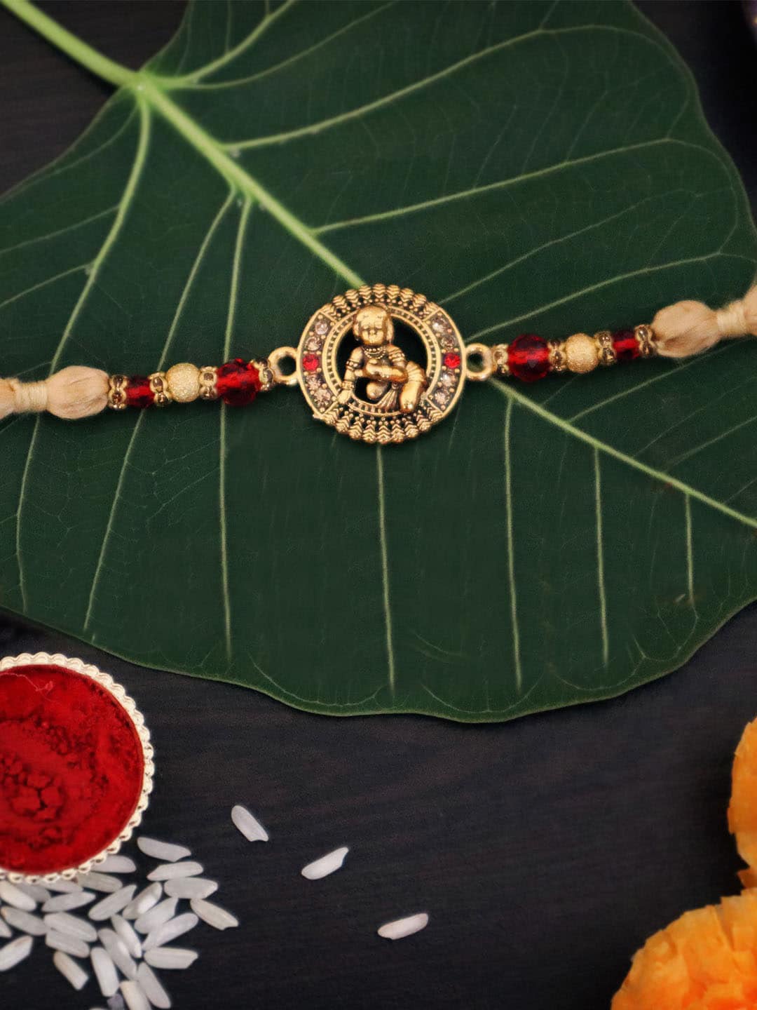 

TIED RIBBONS Men Krishna Charm Thread Rakhi With Roli chawal & Greeting card, Gold