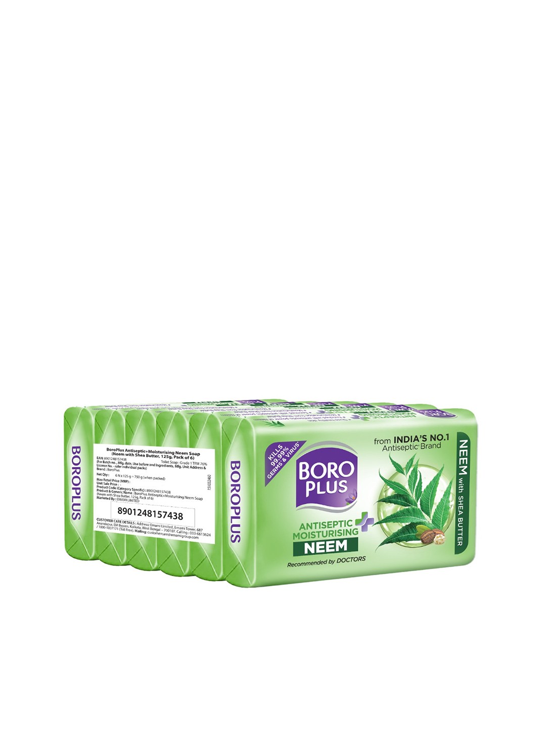 

BOROPLUS Set of 6 Antiseptic & Moisturising Neem Soap with Shea Butter - 125g Each, Green