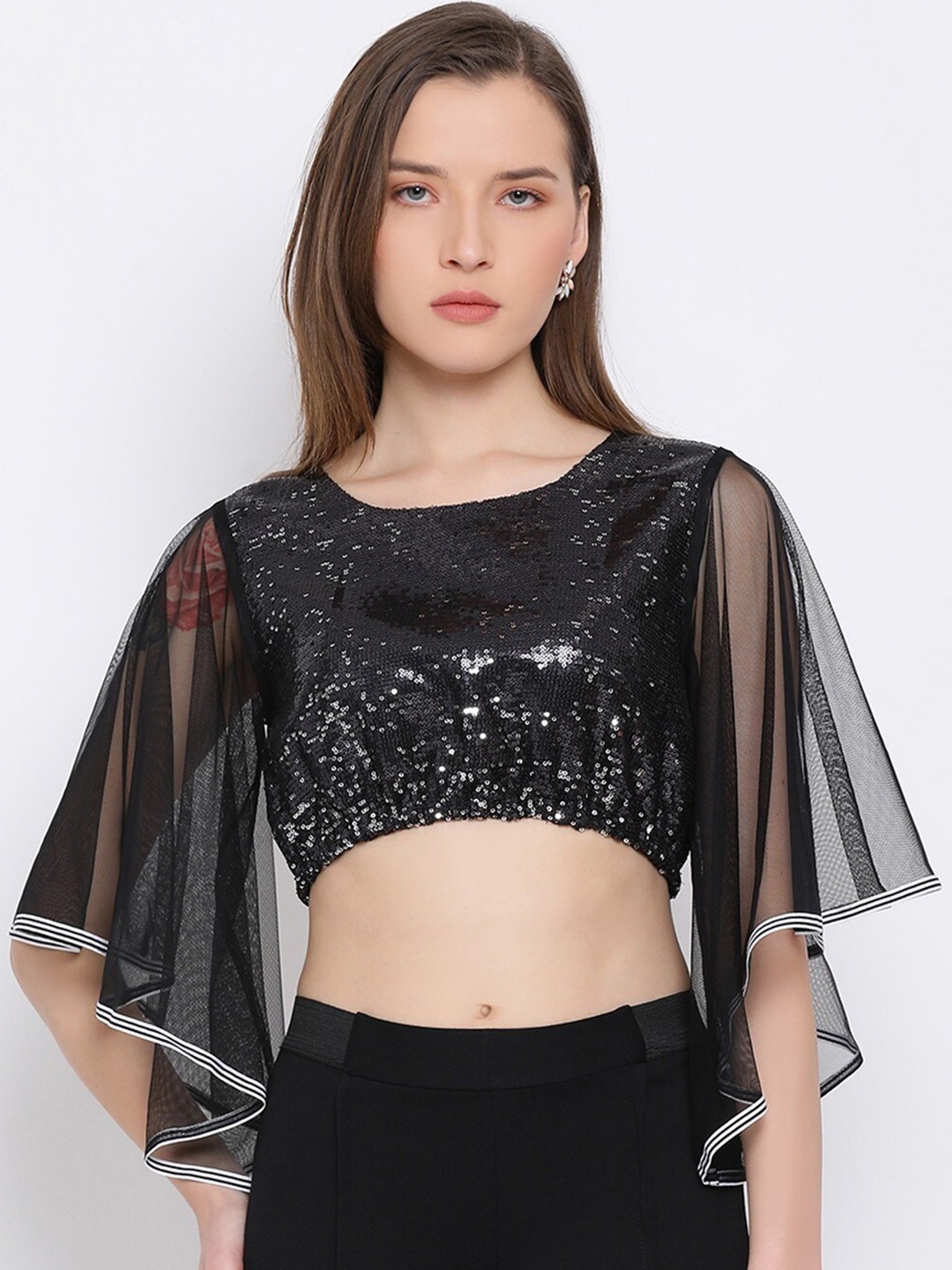 

BAESD Sequinned Embellished Flared Sleeves Crop Top, Black