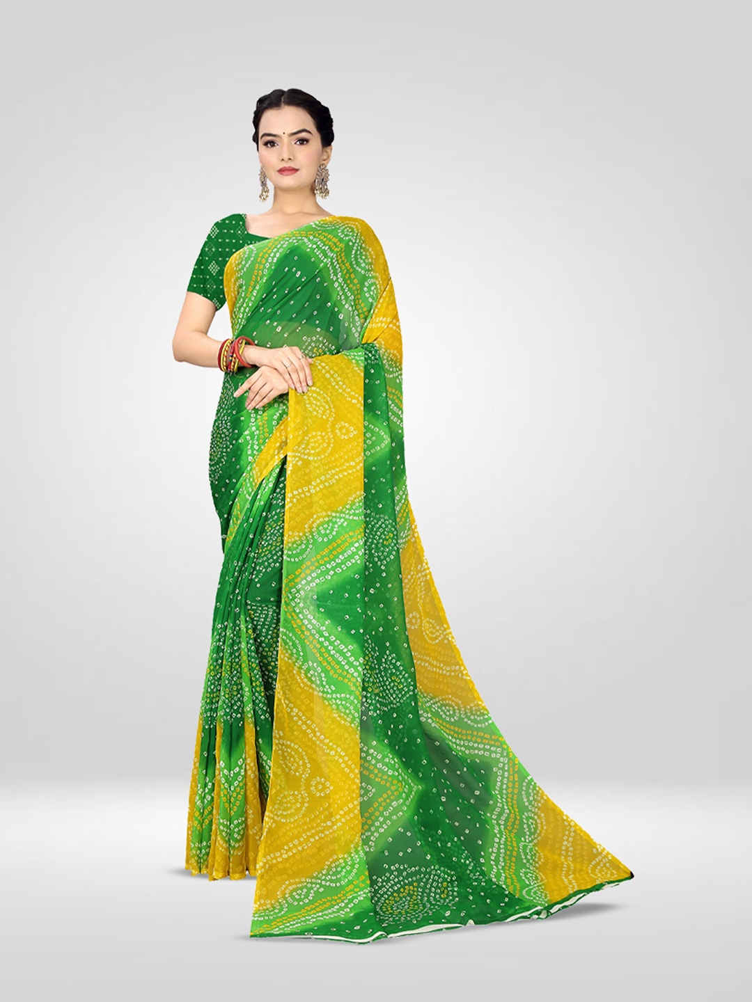 

N N ENTERPRISE Bandhani Printed Pure Georgette Saree, Green