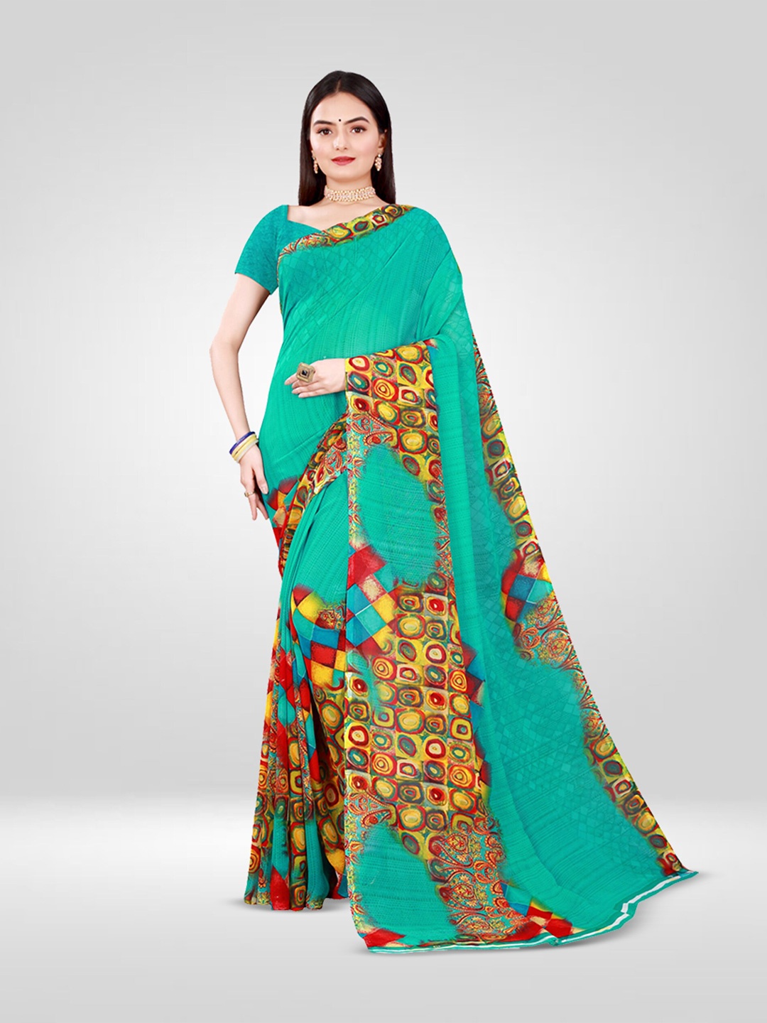 

N N ENTERPRISE Geometric Printed Pure Georgette Saree, Green