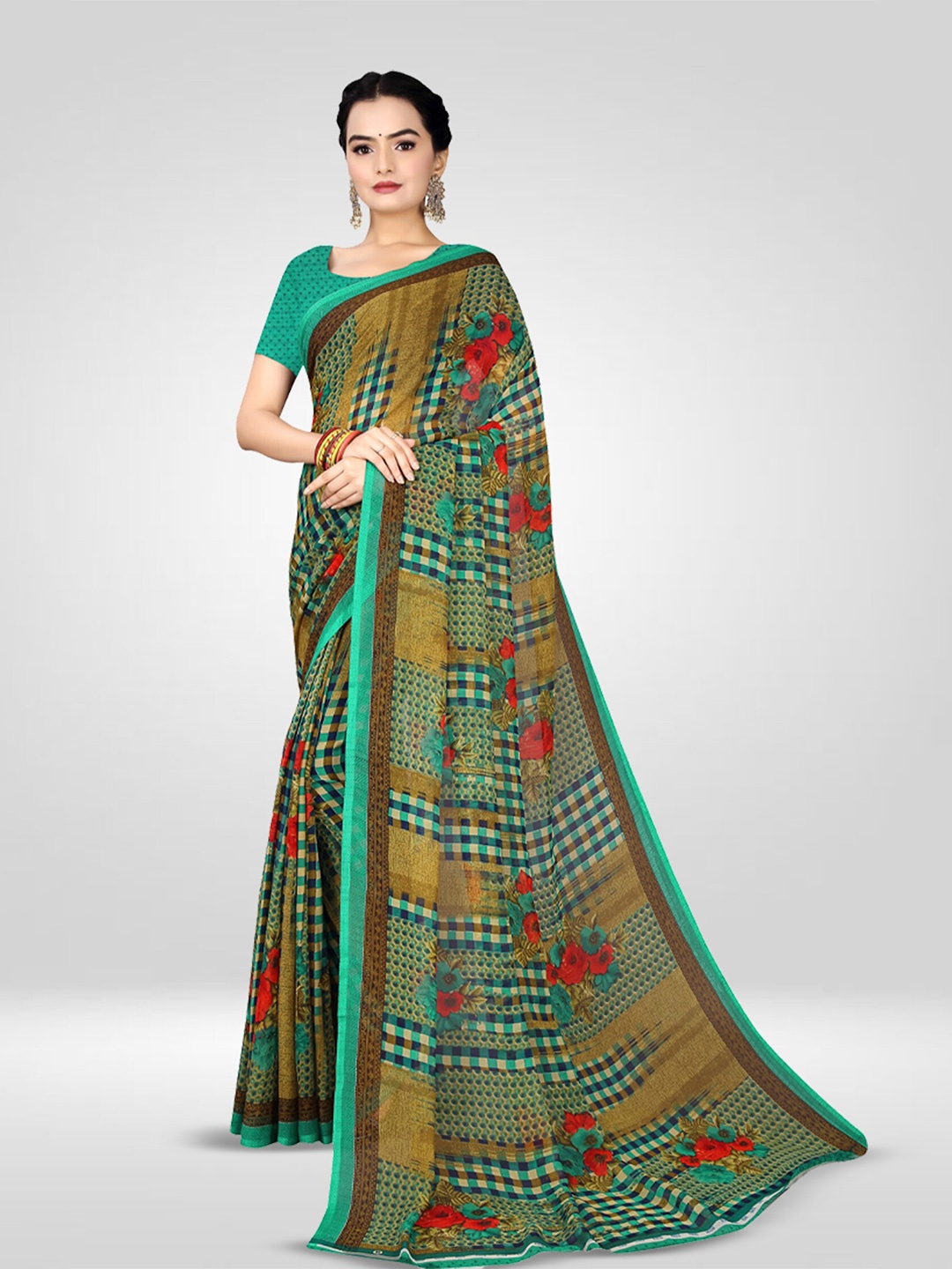 

N N ENTERPRISE Floral Printed Pure Georgette Saree, Green