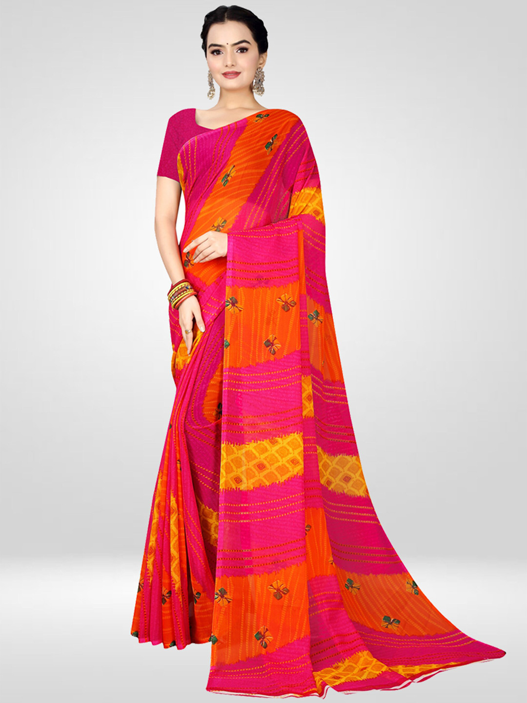 

N N ENTERPRISE Floral Printed Pure Georgette Saree, Pink