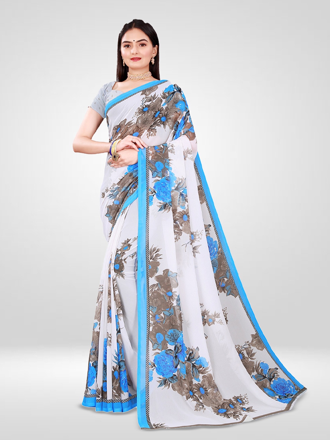 

N N ENTERPRISE Floral Printed Pure Georgette Saree, White