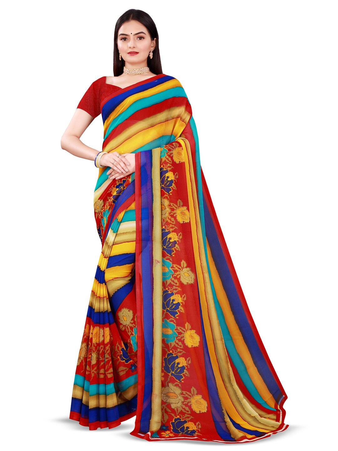 

N N ENTERPRISE Striped Pure Georgette Saree, Red