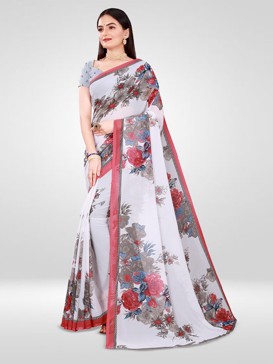 

N N ENTERPRISE Floral Printed Pure Georgette Saree, White