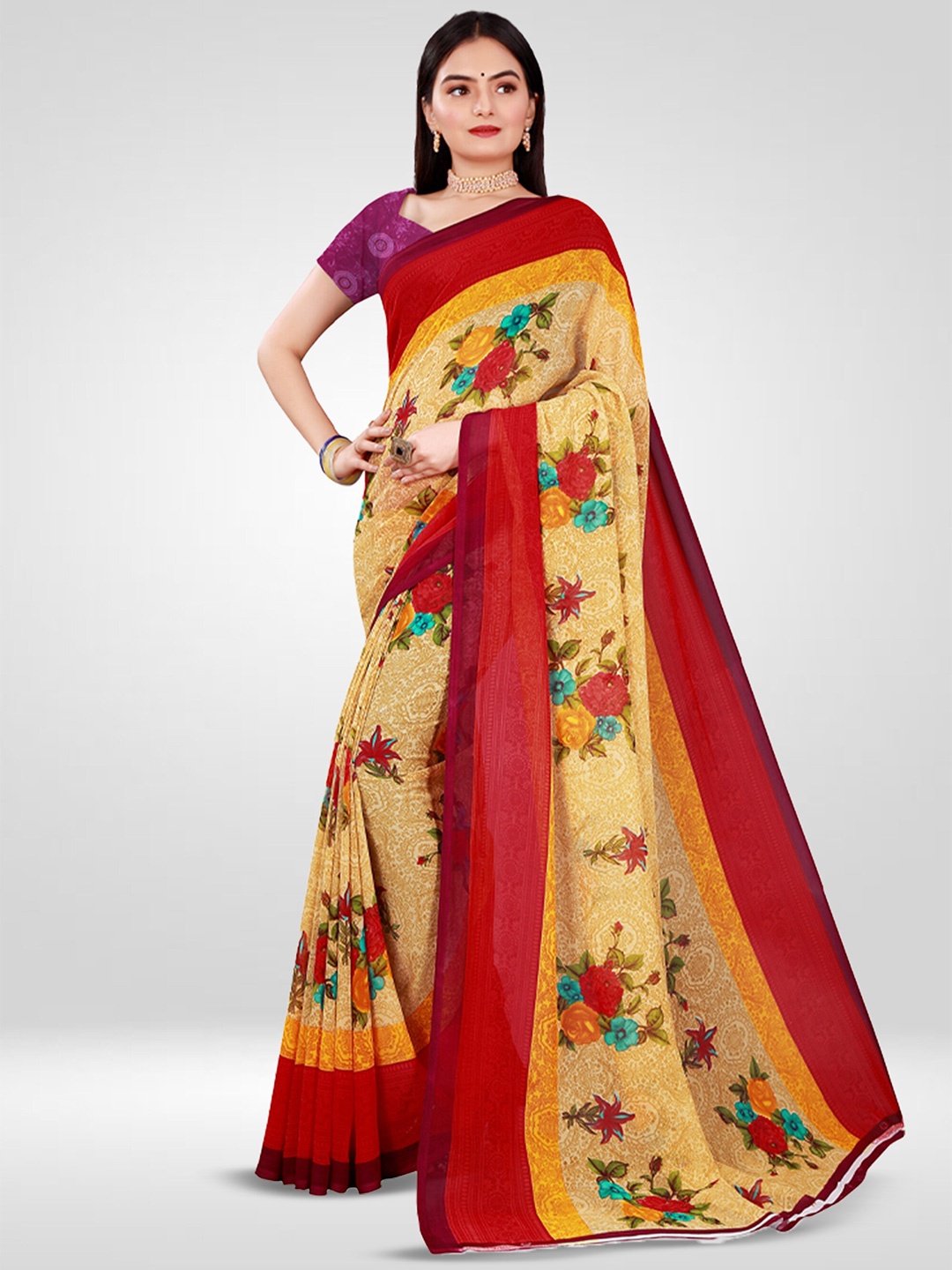 

N N ENTERPRISE Floral Printed Pure Georgette Saree, Pink