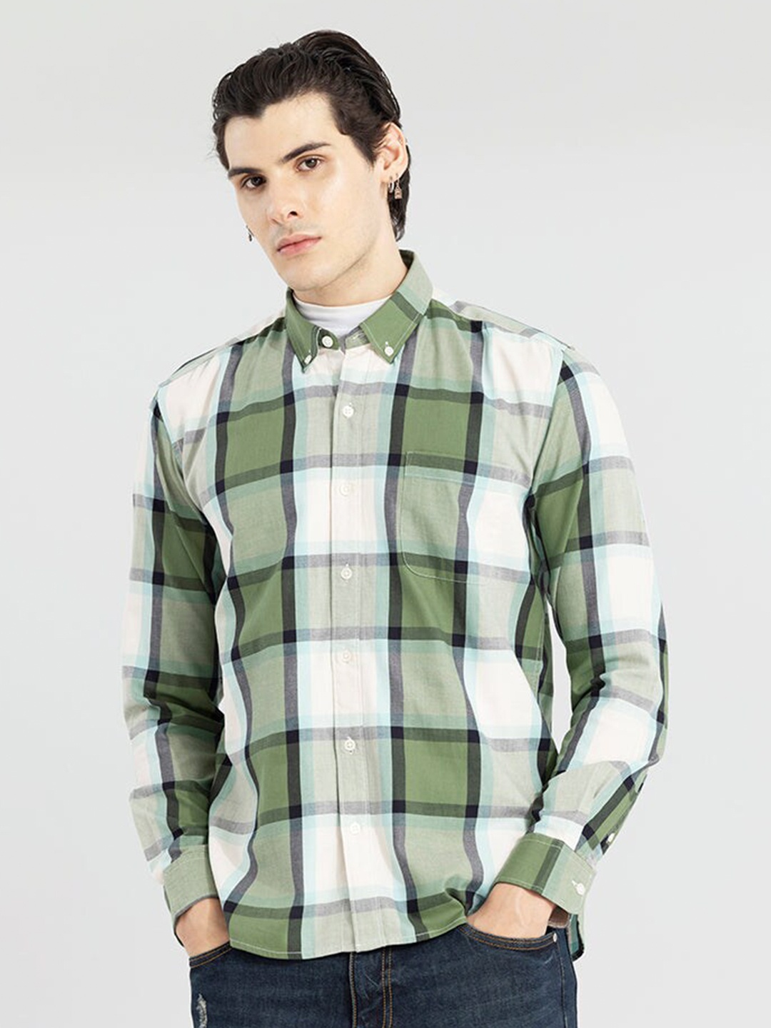 

Snitch Classic Slim Fit Tartan Checked Button Down Collar Pure Cotton Casual Shirt, Green