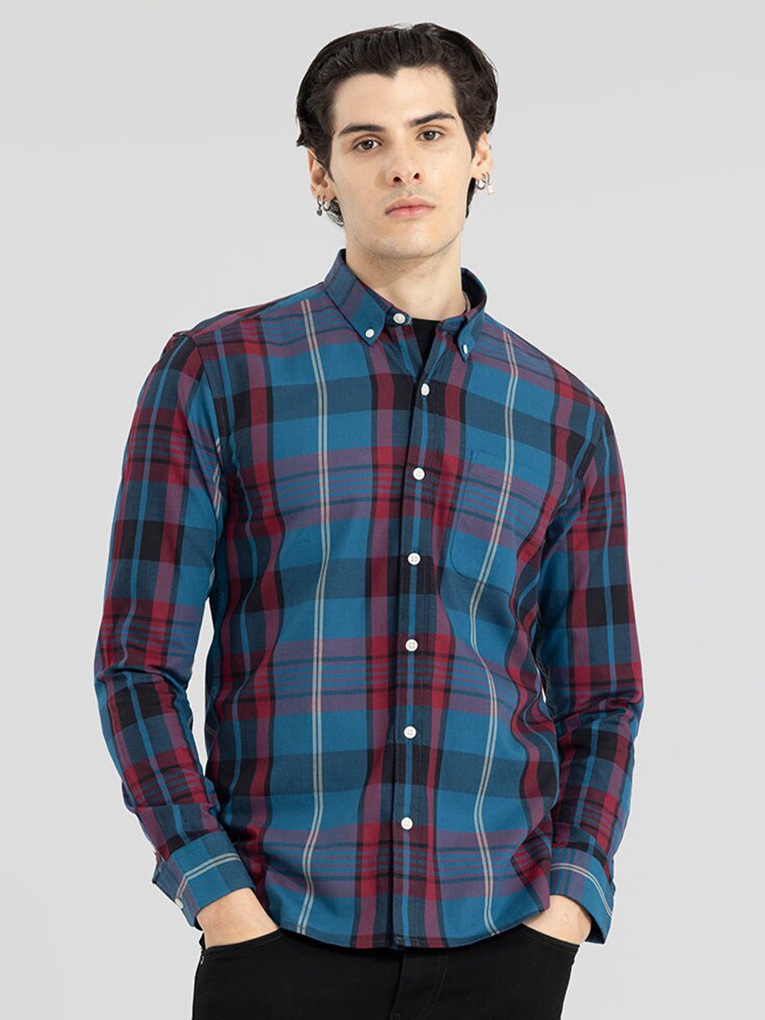 

Snitch Classic Slim Fit Tartan Checked Button Down Collar Pure Cotton Casual Shirt, Blue