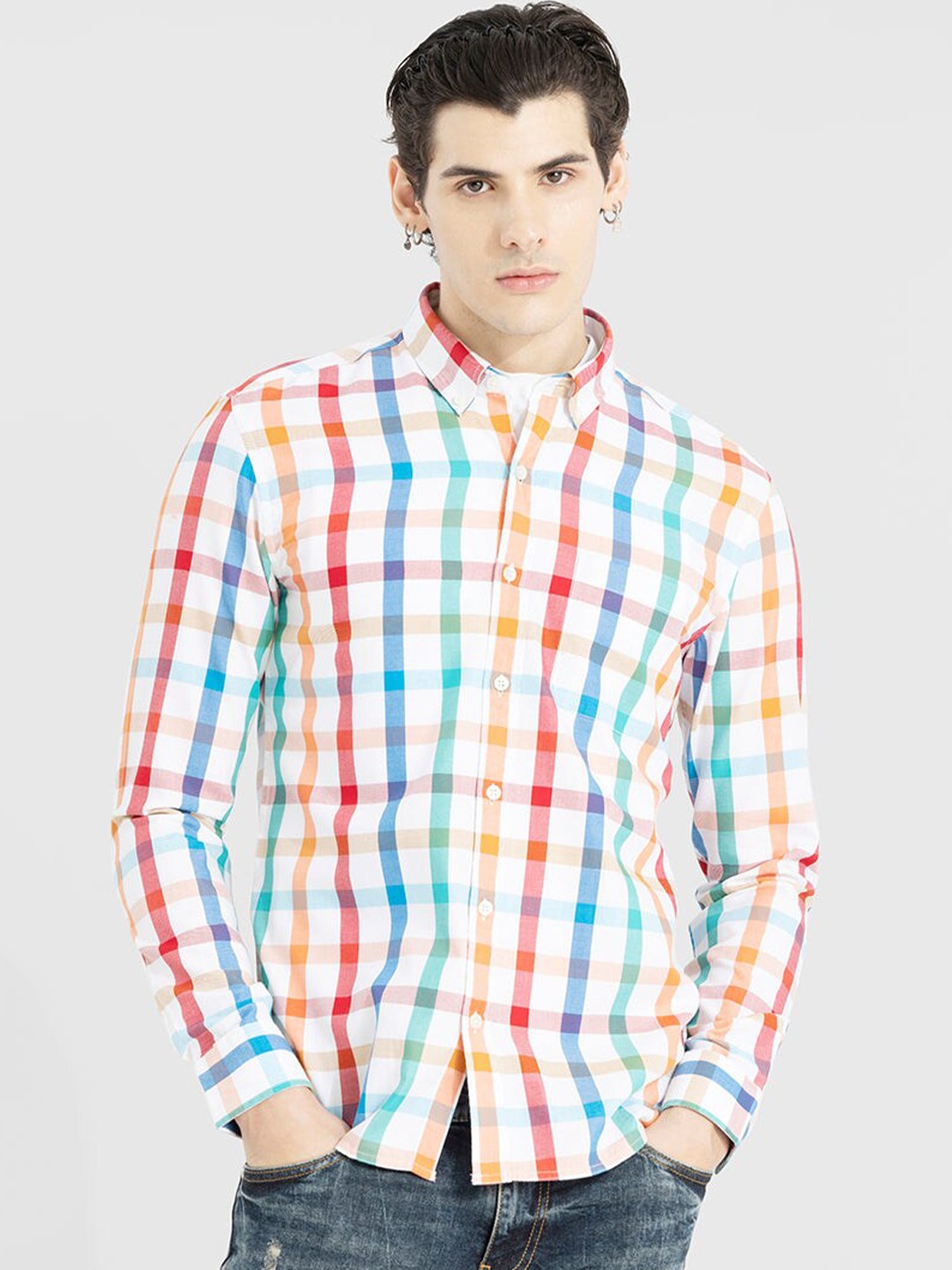

Snitch Classic Slim Fit Gingham Checked Button Down Collar Pure Cotton Casual Shirt, White