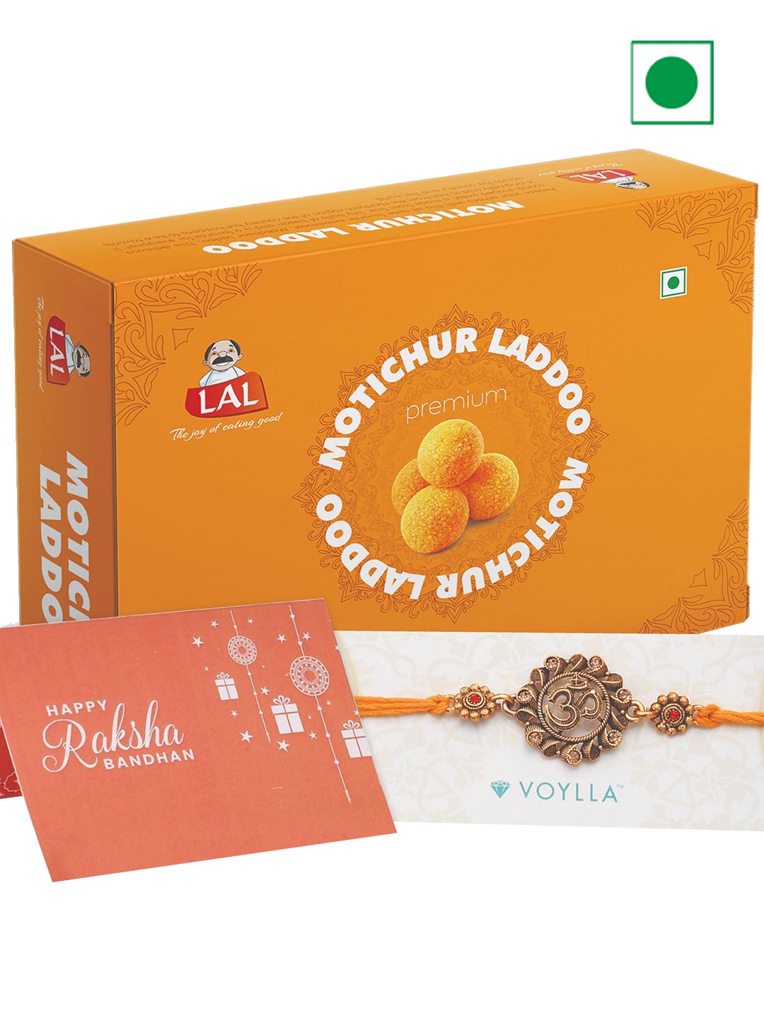 

LAL Motichur Laddoo & Om Pearl Enameled Rakhi With Roli Chawal Pack 400g, Yellow