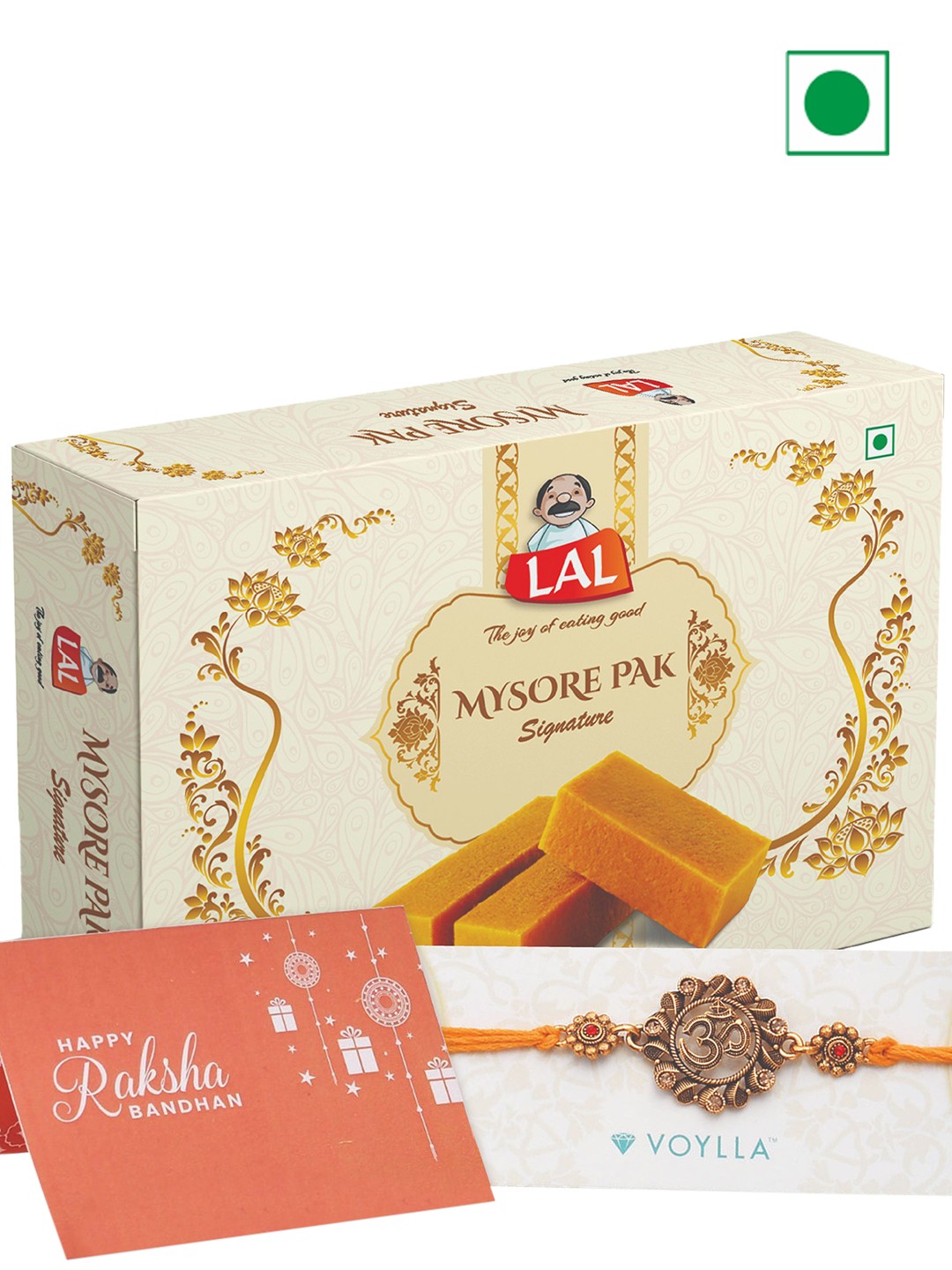 

LAL Mysore Pak Signature Sweets And Om Pearl Enameled Rakhi With Roli Chawal Pack 400g, Yellow
