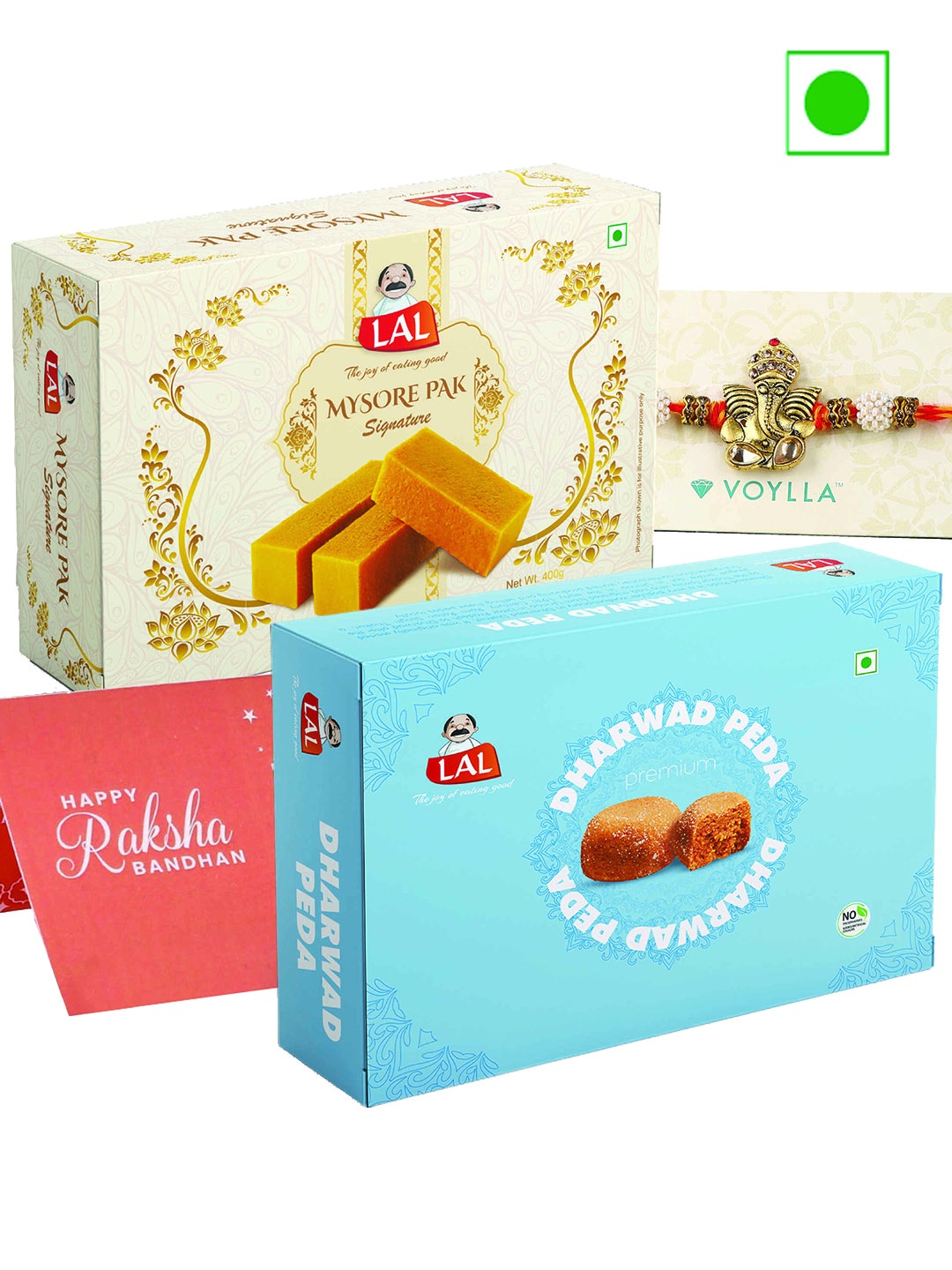 

LAL Mysore Pak And Dharwad Peda With Rakhi-400gms Each, Red