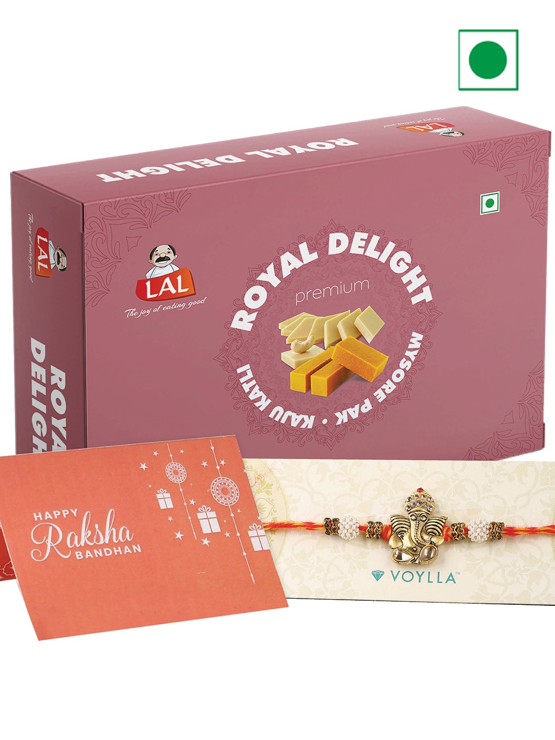 

LAL Royal Delight Sweets With Antique Lord Ganesha Rakhi -400g, Red