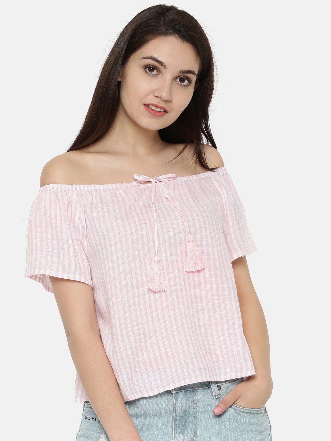 

Vero Moda Women White & Pink Striped Bardot Top