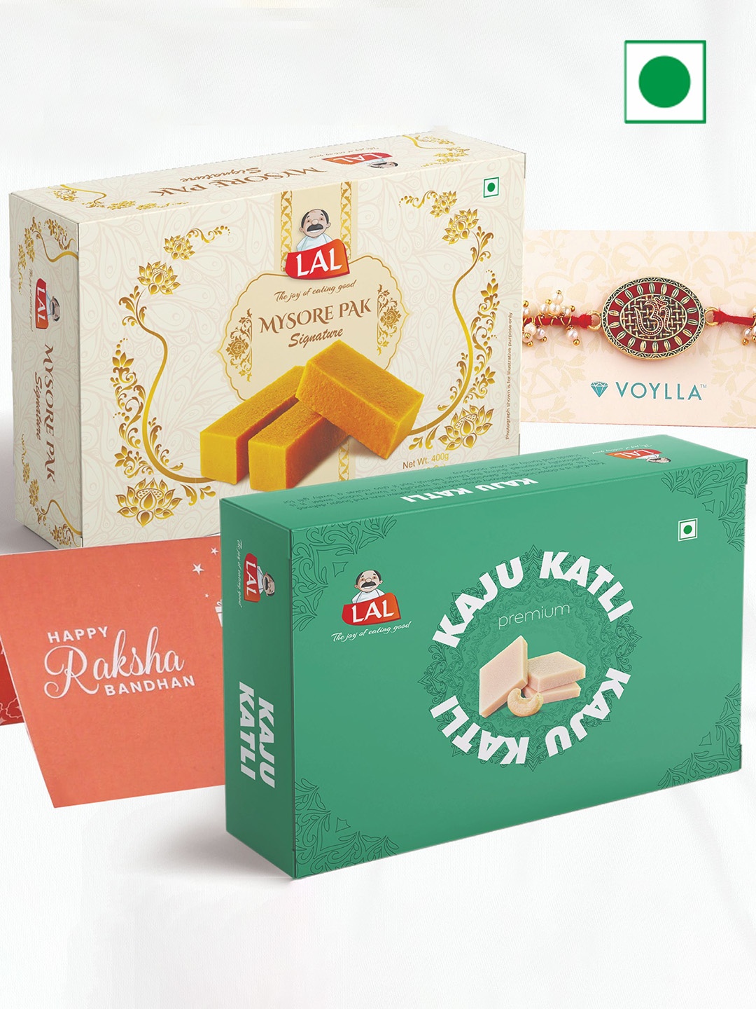 

LAL 2 Mysore Pak Signature And Kaju Katli With Rakhi-400gms Each, Red