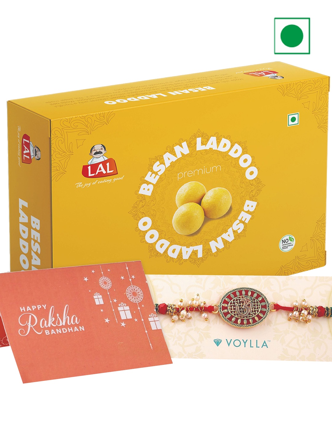 

LAL Besan Laddoo Sweets With Deity OM Rakhi -400g, Red