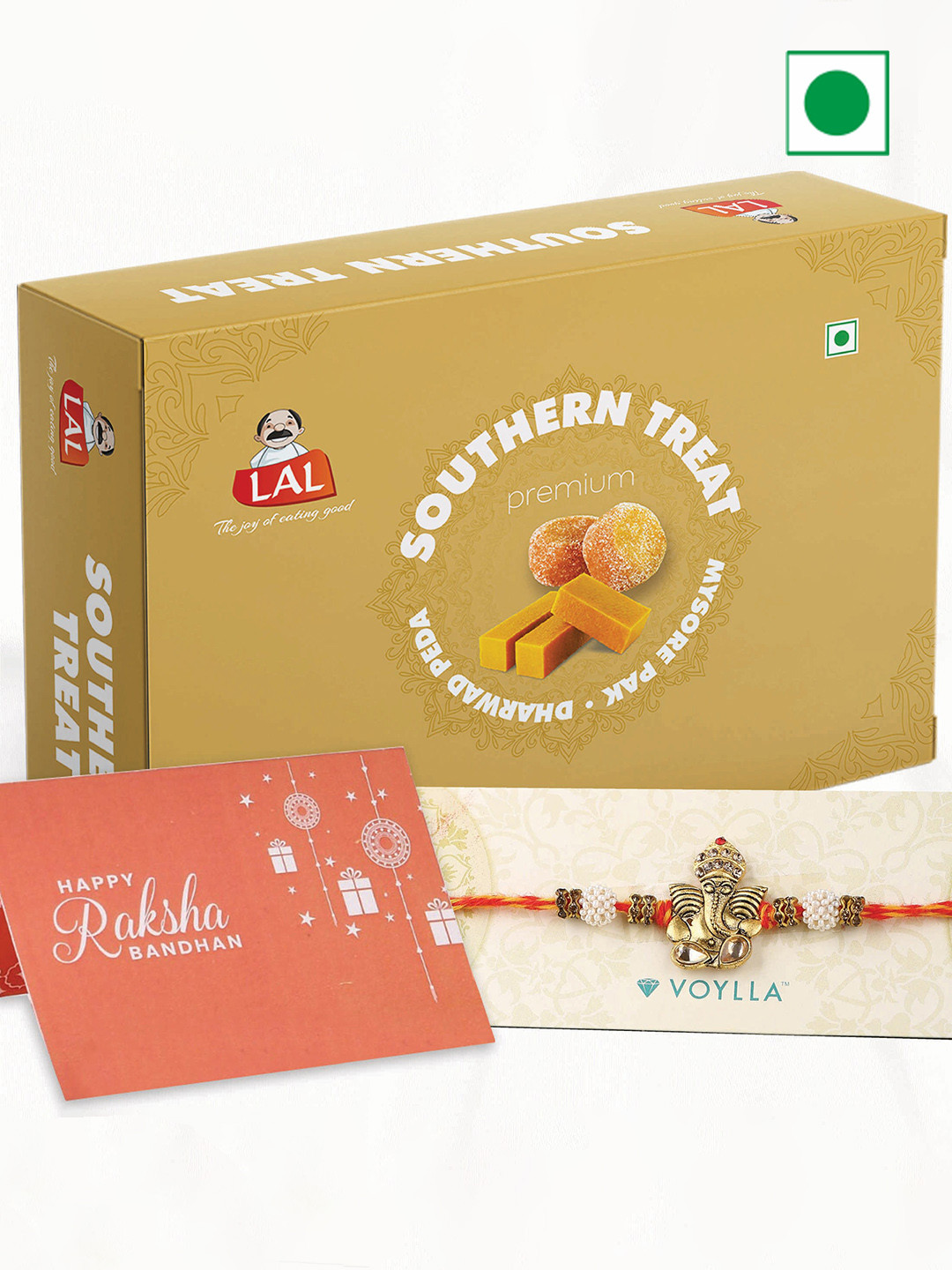 

LAL Southern Treat And Antique Lord Ganesha Rakhi With Roli Chawal Pack 400g, Red