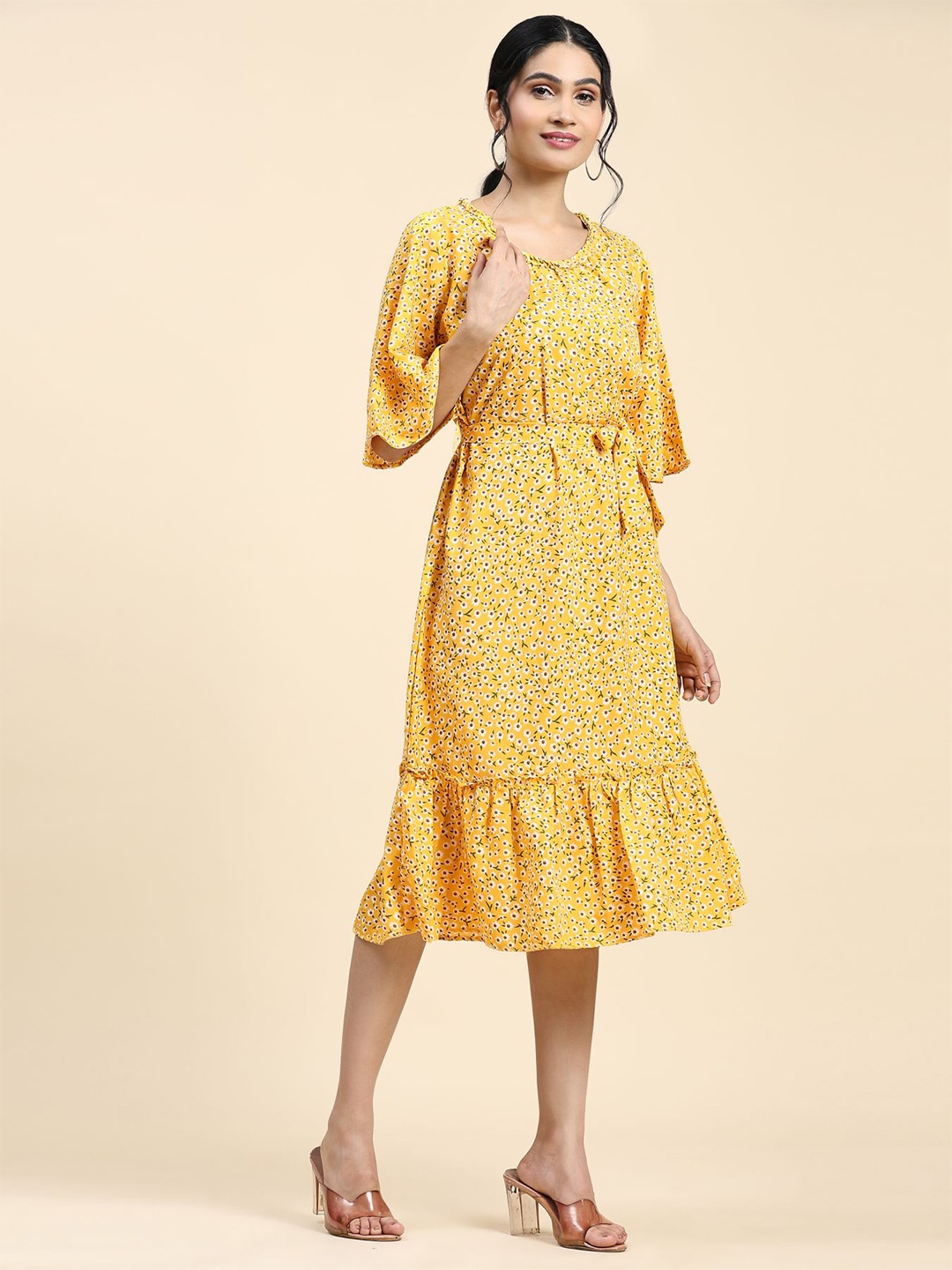 

RACHNA Floral Printed Bell Sleeves Ruffles Detail A-Line Midi Dress, Yellow