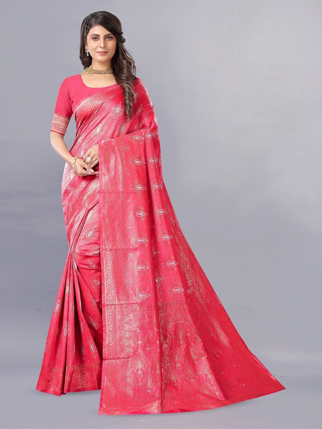

Hinayat Fashion Ethnic Motifs Woven Design Zari Banarasi Saree, Pink