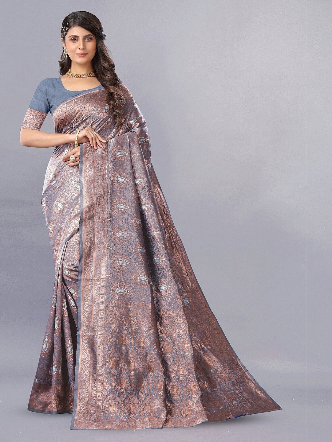 

Hinayat Fashion Ethnic Motifs Woven Design Zari Banarasi Saree, Grey