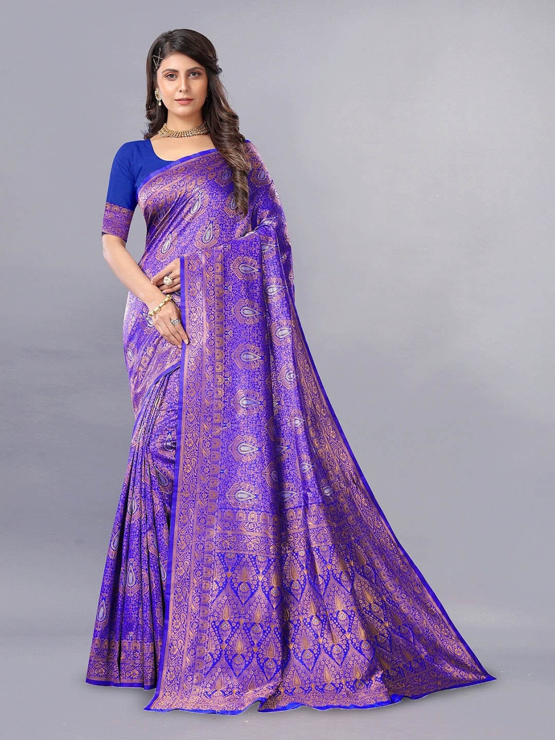 

Hinayat Fashion Ethnic Motifs Woven Designed Zari Detailed Banarasi Saree, Blue