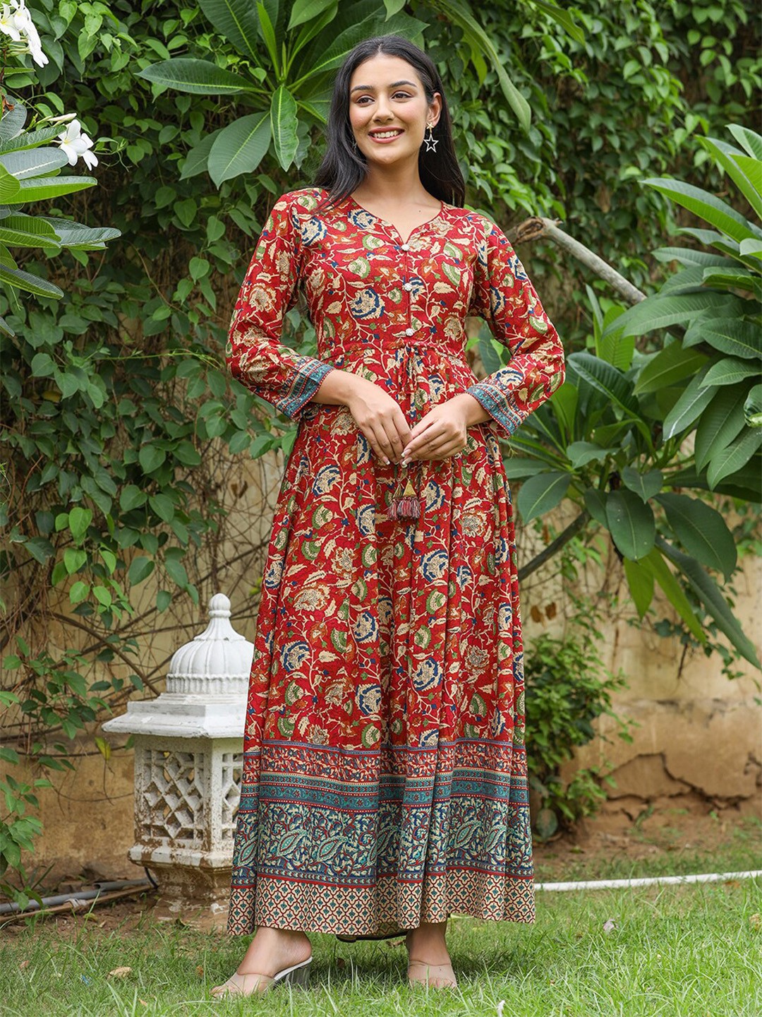 

KAAJH Floral Printed Tie-Up Maxi Dress, Maroon