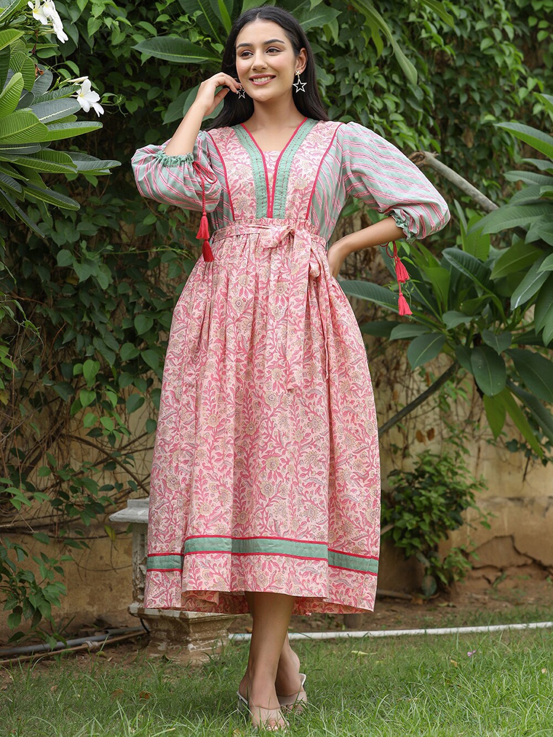 

KAAJH Ethnic Motifs Printed Tie-Up Cotton Fit & Flare Midi Dress, Pink