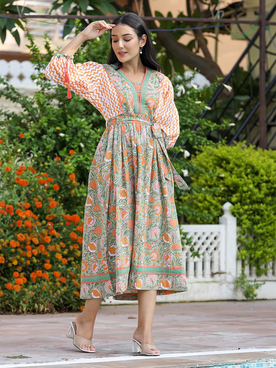 

KAAJH Floral Print Puff Sleeve Empire Dress, Orange