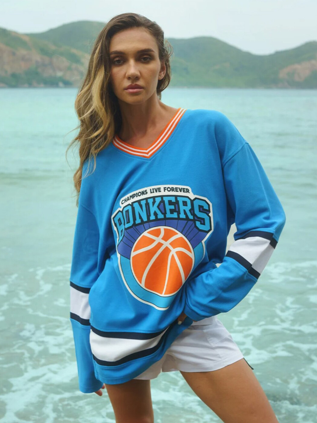 

Bonkers Corner Typography Printed V-Neck Cotton Oversized T-shirt, Blue