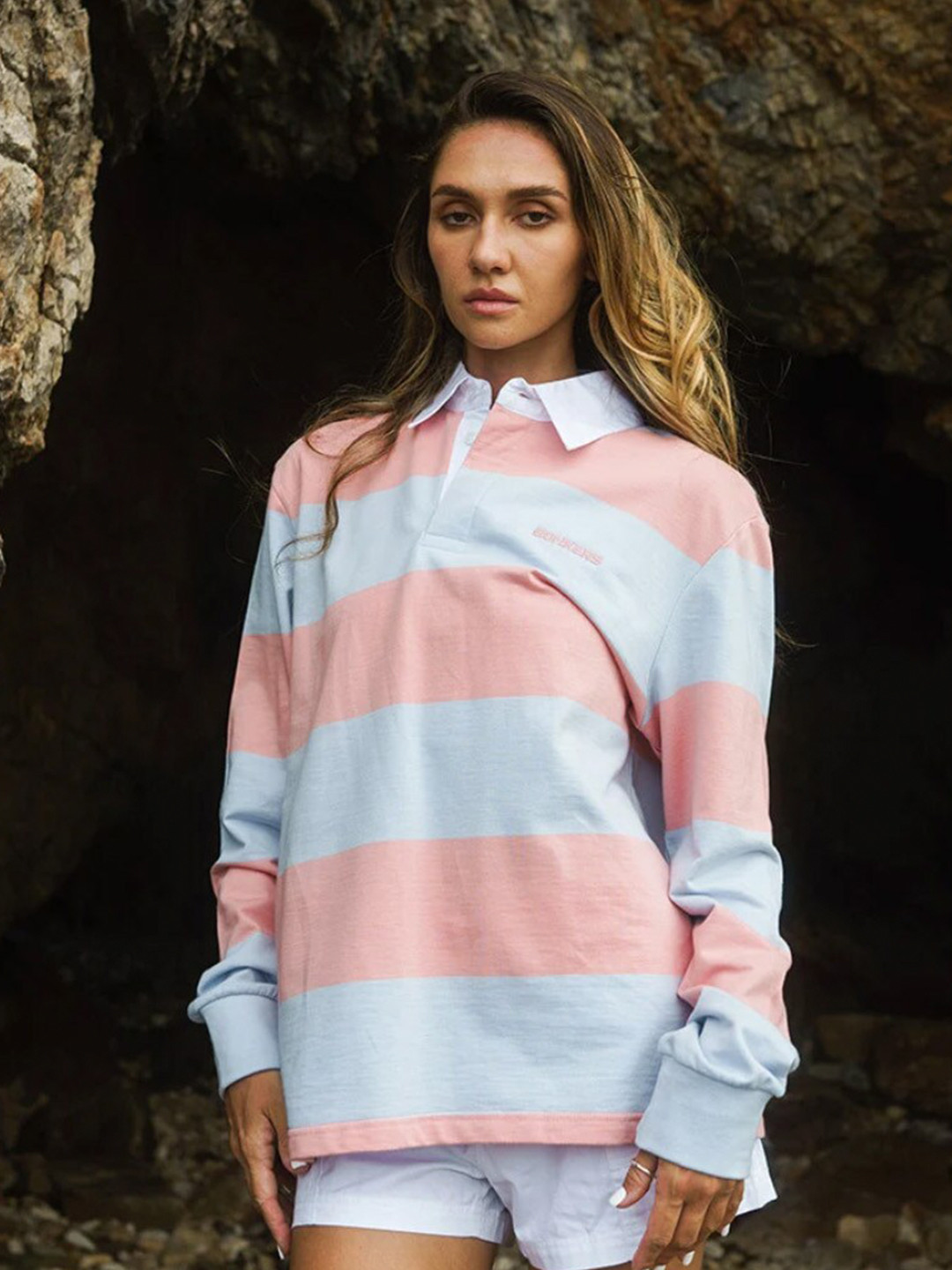 

Bonkers Corner Striped Polo Collar Relaxed Fit Cotton T-shirt, Pink