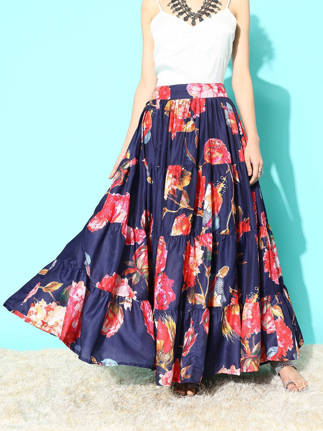 

Varanga Floral Printed Tiered Maxi Skirt, Navy blue