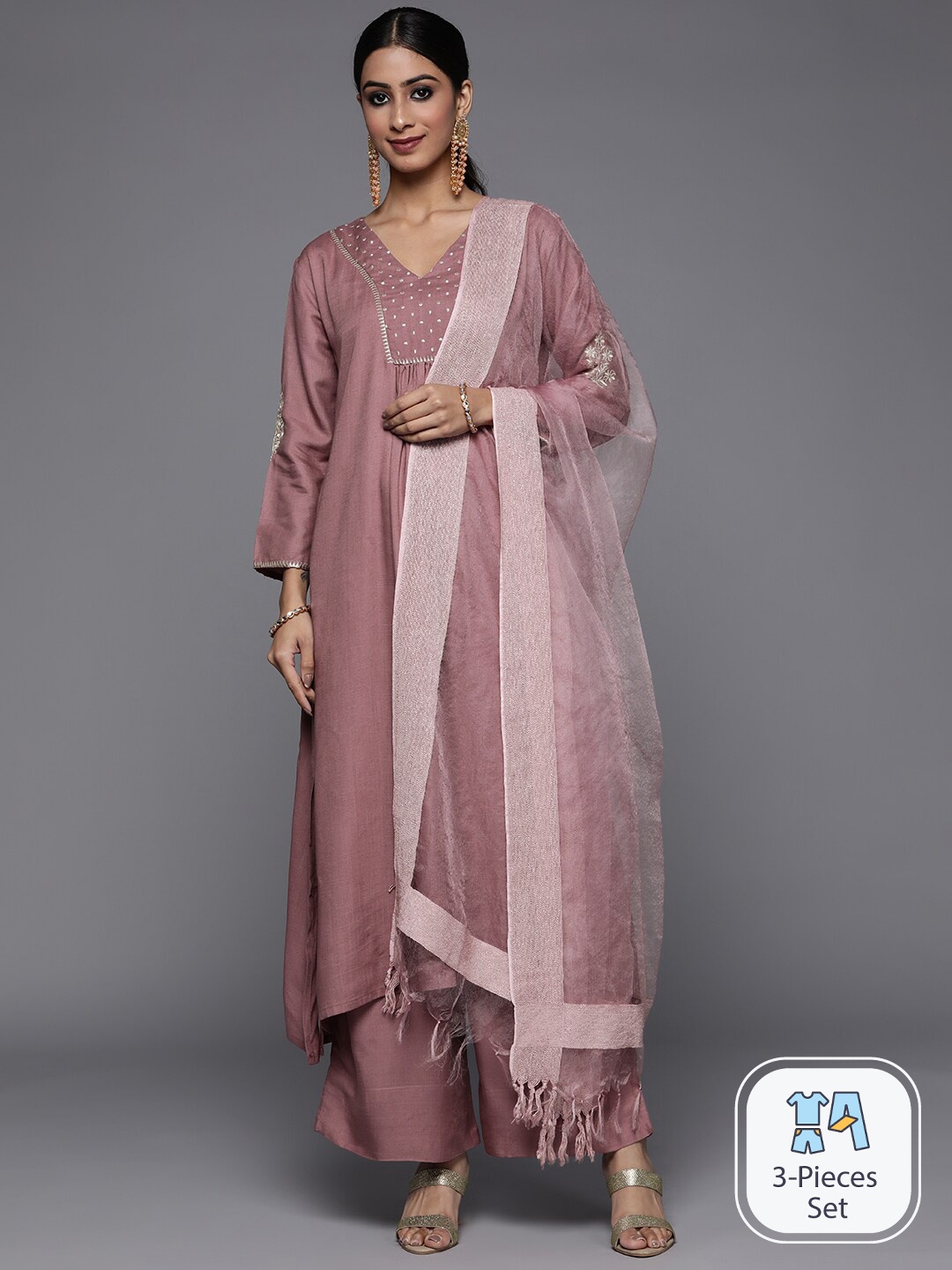 

Varanga Geometric Embroidered A-Line Kurta with Palazzos & With Dupatta, Mauve