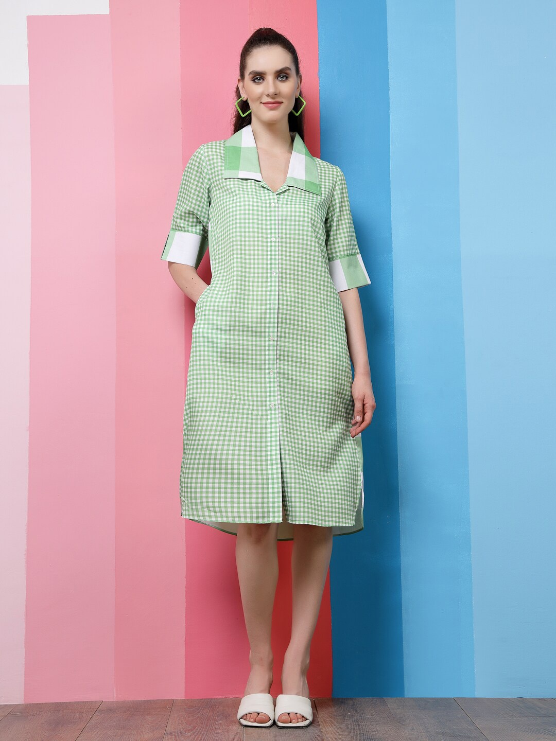 

Athena Green Checked Linen Shirt Dress