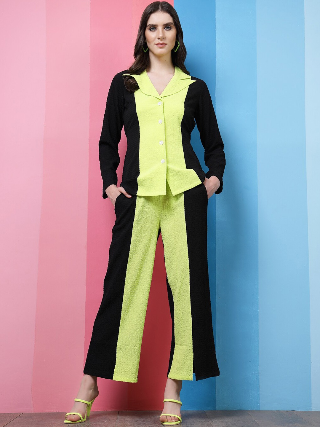 

Athena Black Colourblocked Notched Lapel Collar Shirt With Trousers